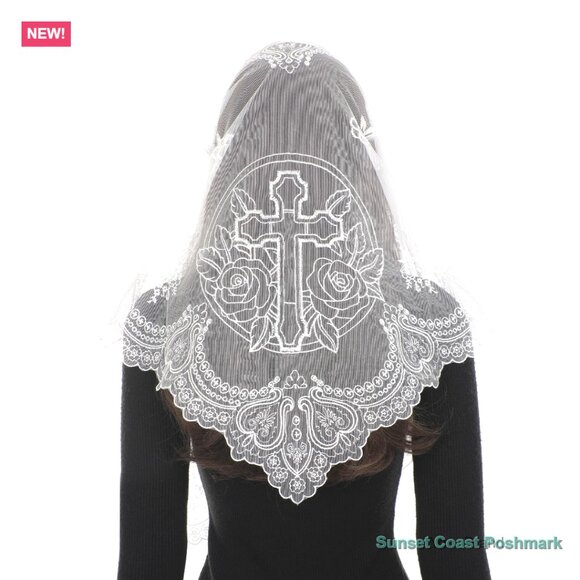 Polyester Lace Mantilla Veil with Cross Rose Embroidery for Church main image 7